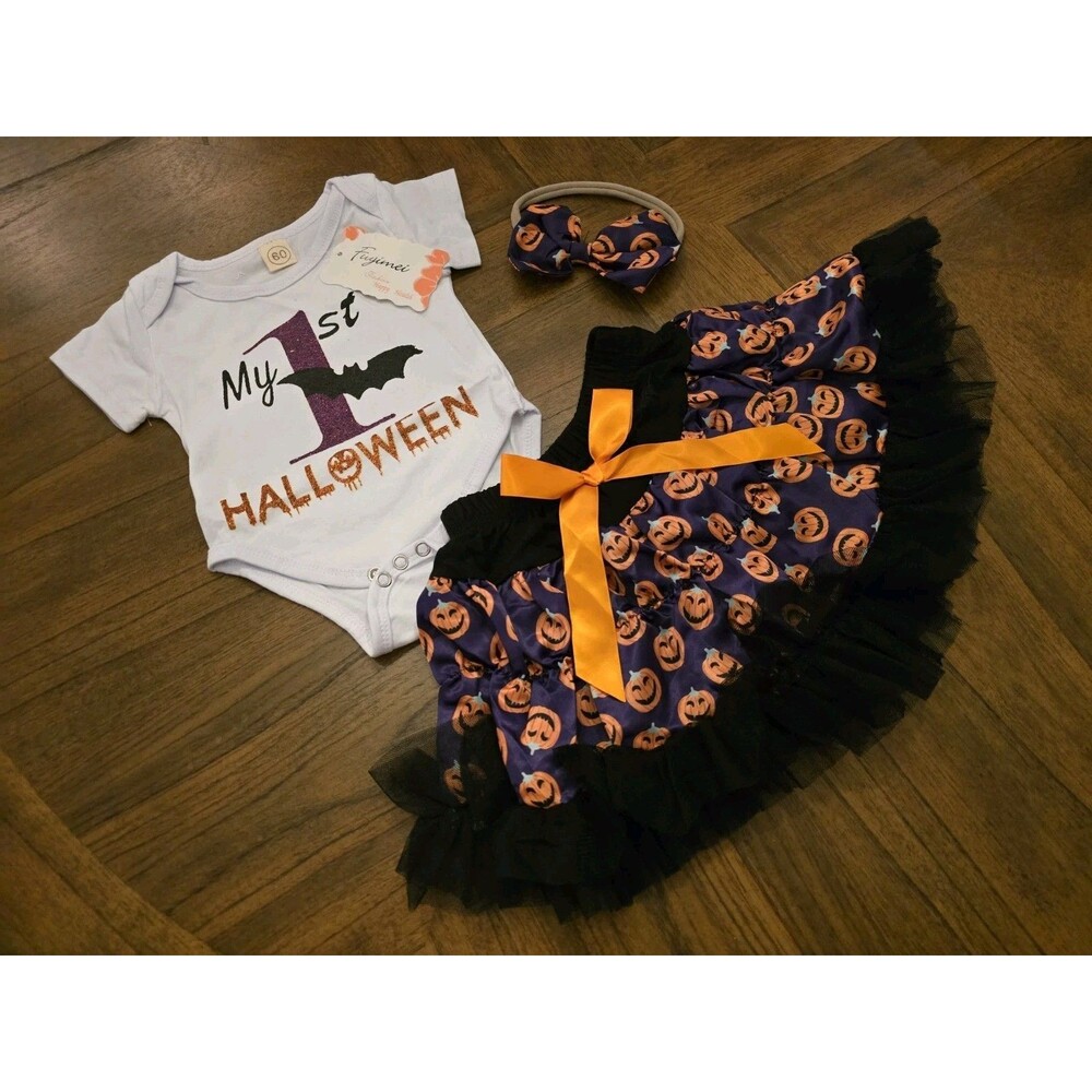 My First Halloween Baby Girl Pumpkin Tutu Outfit Size 60 6M 9m 3 Piece NWT New